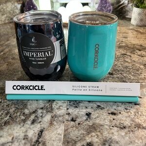 Corkcicle Teal and MANNA Imperial Black Wine Tumblers 12oz with Silicone Straw